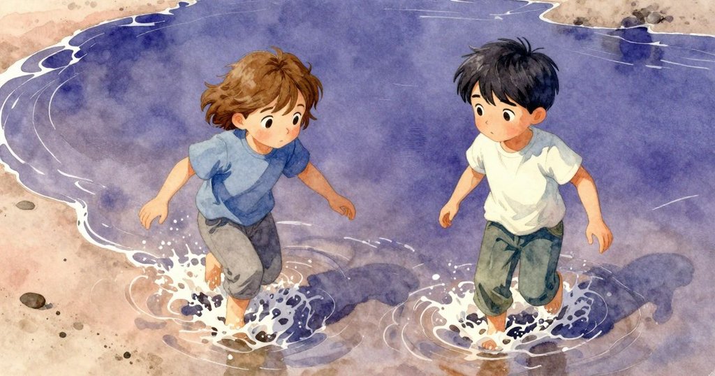 從高處俯瞰潮池,沙粒隨Ben努力而起,Ruby的倒影與散落鉛筆顯示微妙張力