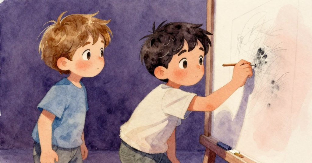 Ruby的手在畫板上作畫,鉛筆與水跡交融,特寫展現創作時的驚奇與細膩感受