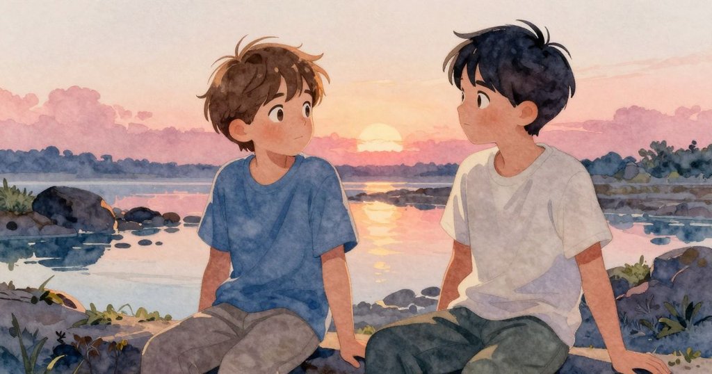 Ruby與Ben在潮池旁靜坐休憩,夕陽柔光下展現寧靜祥和,象徵自然與人心的融合