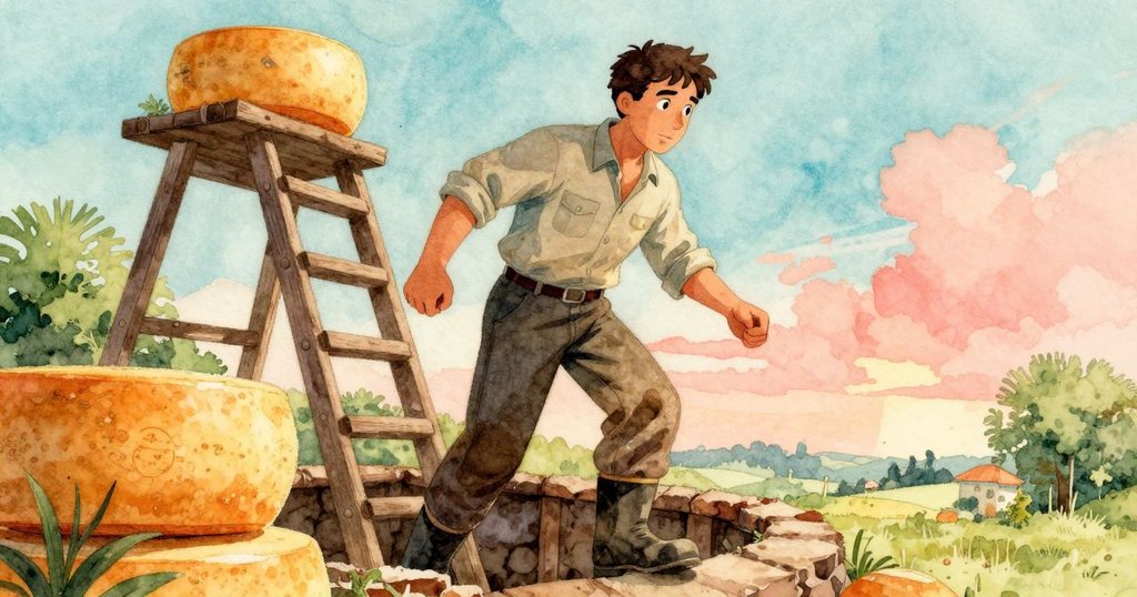 格里馮在黎明溫暖光影中進入地窖，爬樓梯前往排列有芝士輪的木架，神情堅定，展現新開始。