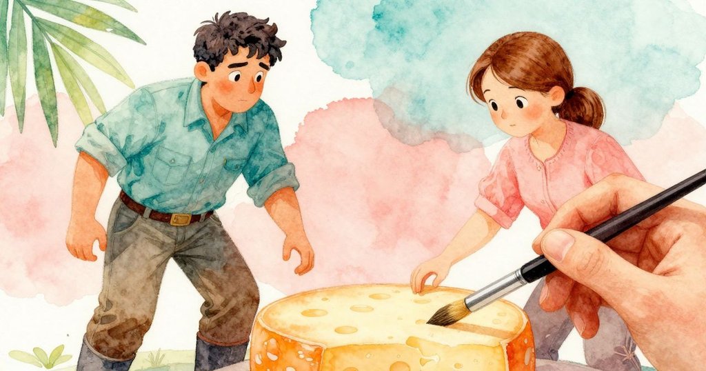 格里馮的手持刷子輕觸芝士輪細膩表層，特寫展示沙色外皮與細膩粉狀繽紛紋理，充滿藝術感。