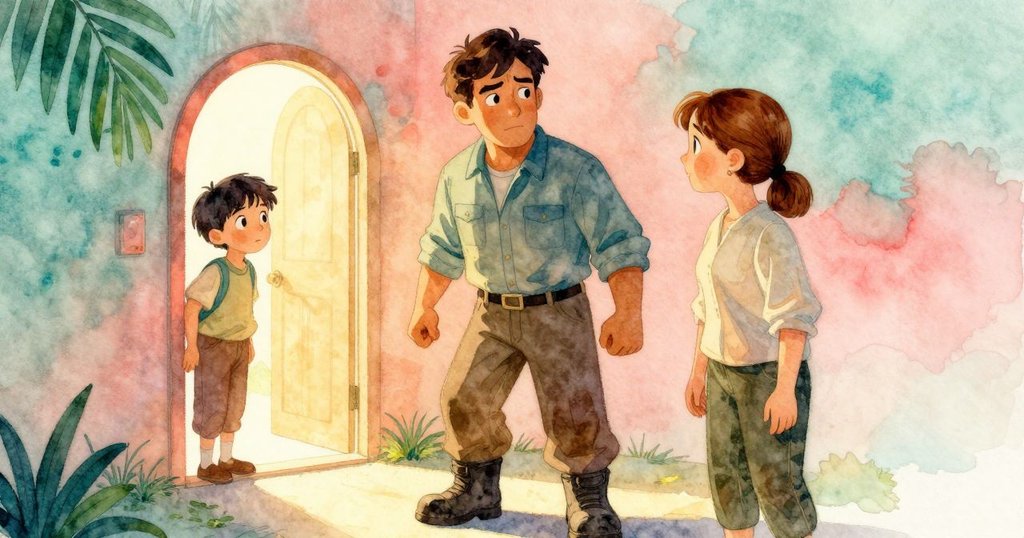 朱麗葉從石拱門邊靜靜觀察格里馮工作，眼神充滿關切與好奇，背景顯示老舊地窖與階梯。