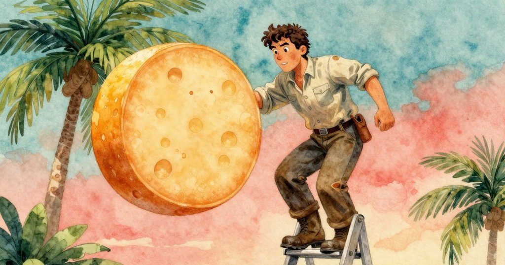 格里馮在樓梯上轉動芝士輪時身形微晃，神情專注帶有擔憂，呈現出一瞬間的緊張動作。