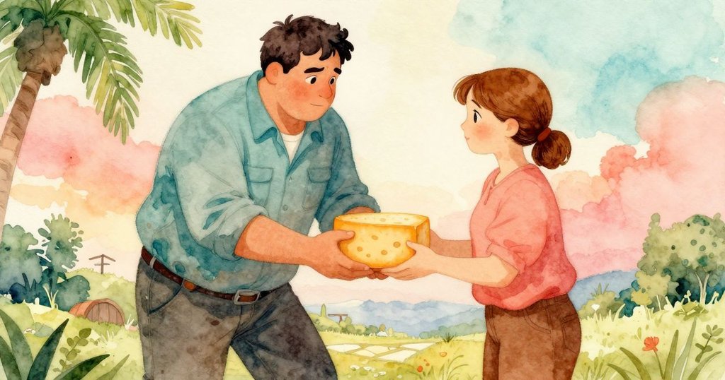 格里馮與朱麗葉在寧靜地窖中交換芝士輪，彼此眼神交流流露理解與釋然，場景溫馨平和。