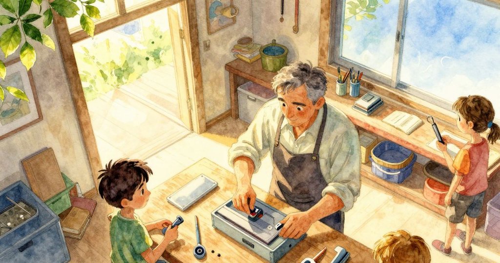 Irving在工作坊中使用節奏器，從高空俯瞰整個工作室，光線溫暖，氛圍充滿專注與活力