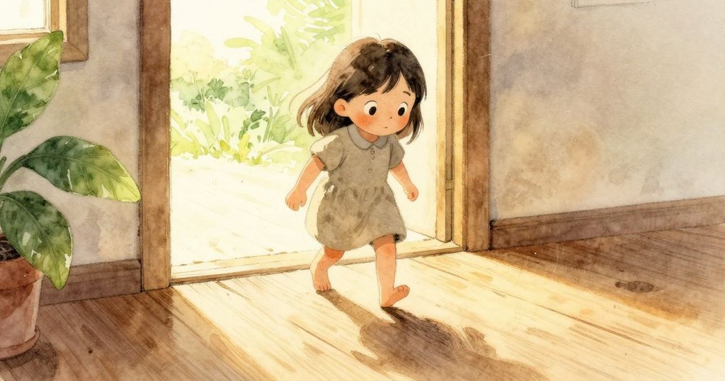 Flora輕步走進工作室，她的腳步印在光滑木地板上，神情充滿期待，背景散發柔和自然光