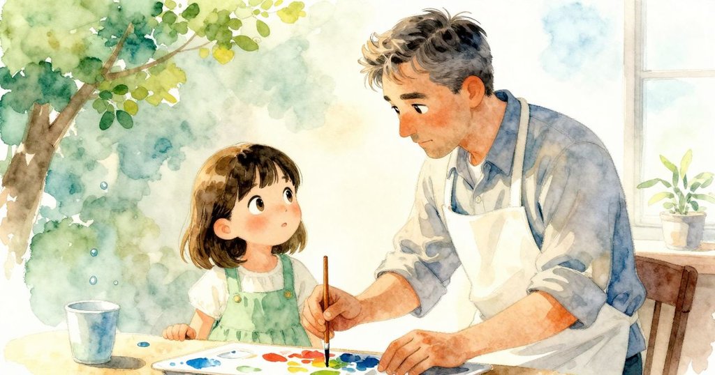 Irving在混合檸檬黃顏料，Flora跪坐觀察，場景層次分明，充滿創作驚奇與溫馨氣氛