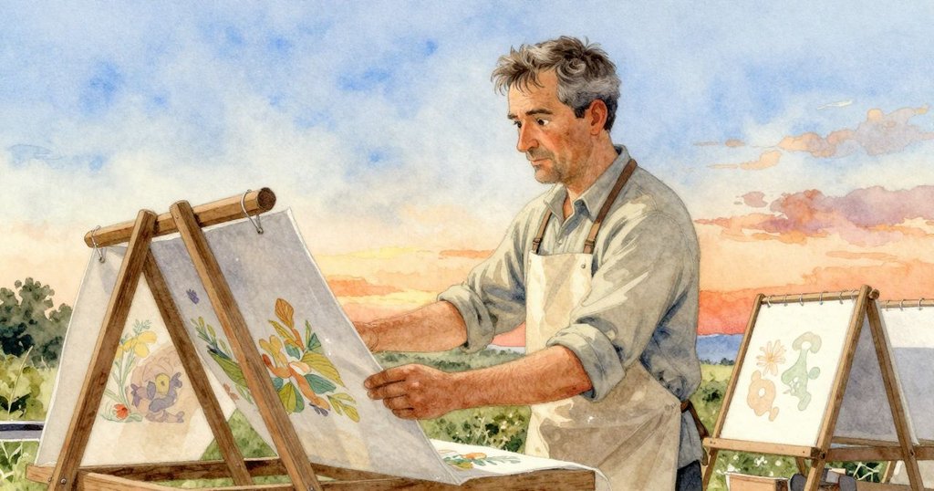 Irving將濕潤作品帶至戶外晾曬，背景展現柔和室外光線與自然環境，充滿希望與溫暖過渡