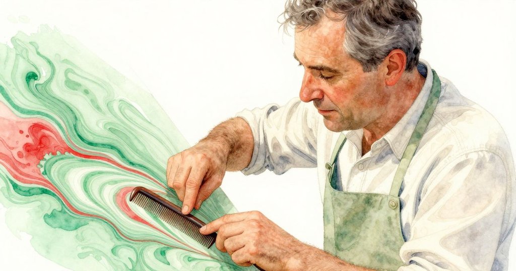 Irving專注地運用梳子調整漩渦狀畫面，他的手輕觸顏料，臉上流露出驚嘆與精心創作的情感