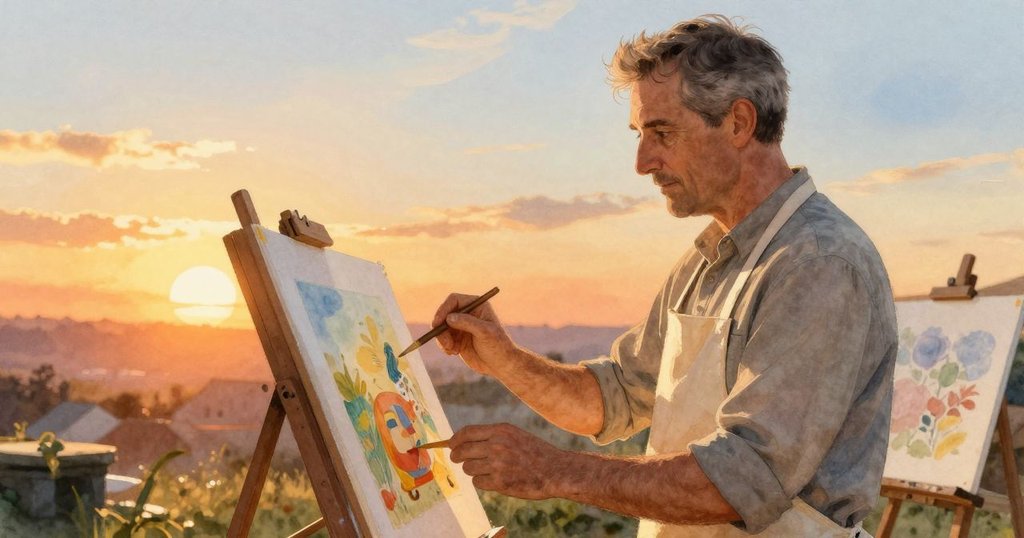 Irving在夕陽中展示完成作品，畫面呈現大膽紅峰與柔和凹影，溫暖光線中流露創作情懷與接受不完美的美