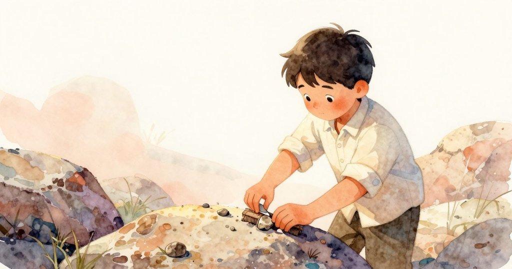 萊爾在戶外石頭上使用刷子掃拭古老化石, 畫面傾斜展現微妙不安, 專注神情, 自然光線灑落石面與浮塵