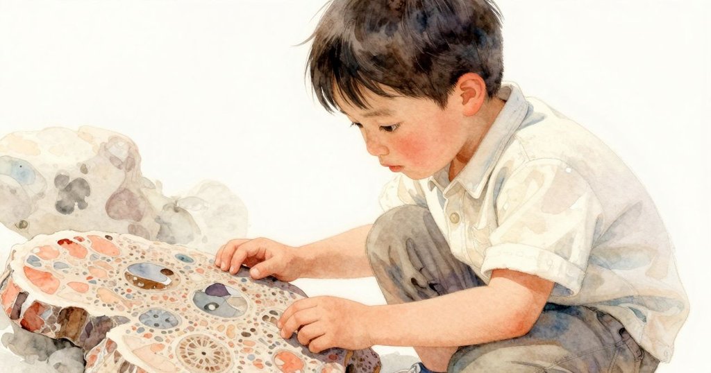 萊爾特寫專注眼神細察化石質感, 表情專注且充滿好奇, 細節清晰展現古老裂紋與浮塵