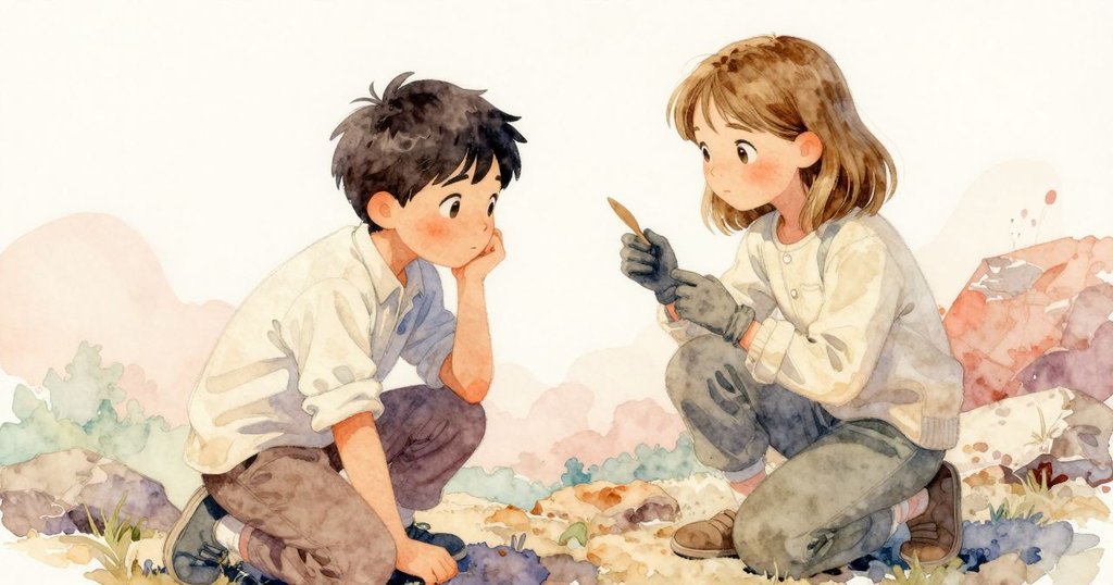 法拉跪在戶外岩石旁輕敲工具, 與萊爾互動交流, 表情專注且平靜, 傾斜視角展示現場氣氛