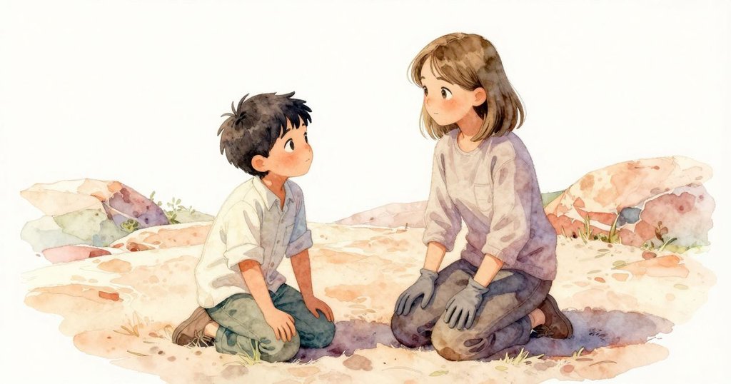 萊爾與法拉並肩跪在日曬砂岩旁, 手指輕觸溫度分界, 表情默契且投入, 畫面展現自然光影對比