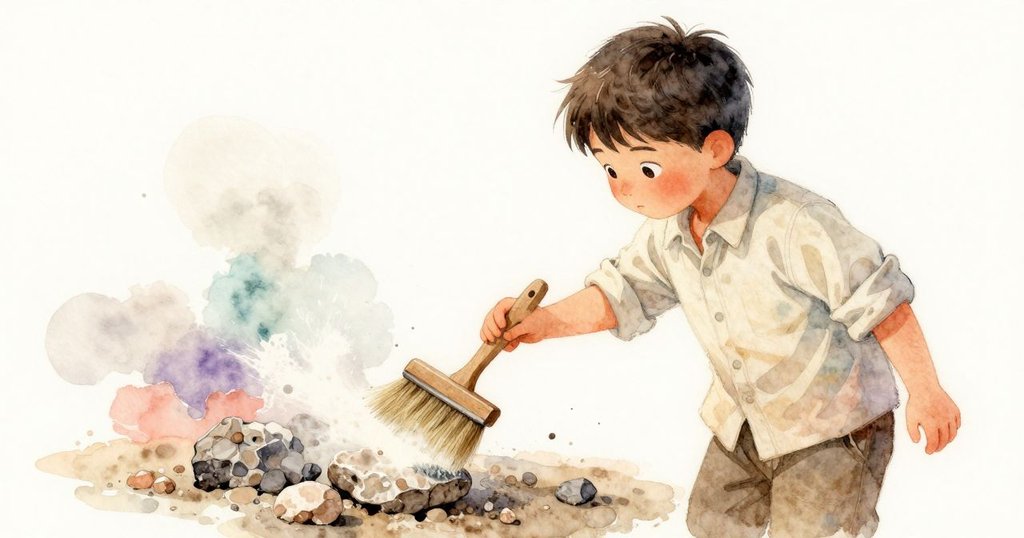 萊爾再次執筆輕掃石面涼區, 白粉隨動作輕揚, 表情堅定, 場景呈現動感與色彩對比