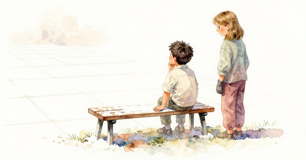 萊爾與法拉靜立於戶外大場地, 細賞放大凳上白粉痕跡, 表情滿足而沉思, 全景展現探索結局