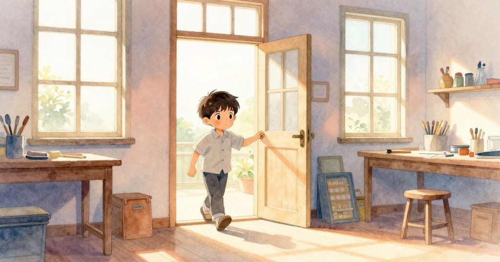 男士走進明亮工作室大門，窗外金光灑入室內，展現溫暖迎接與創作希望