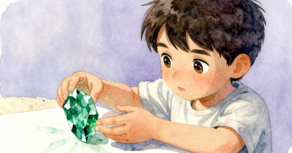 男士凝視發光綠寶石，專注神情中伸出手觸碰細緻圖紙，光影柔和呈現工作細節