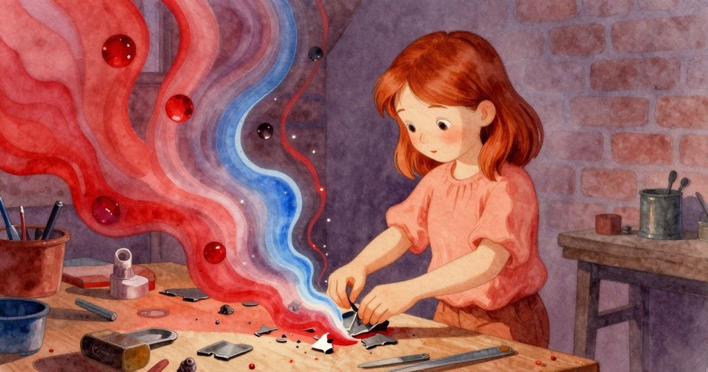 女士聚精會神調整紅寶石與藍銅件，桌上變形光線交織呈現奇幻色彩，氣氛專注而神秘