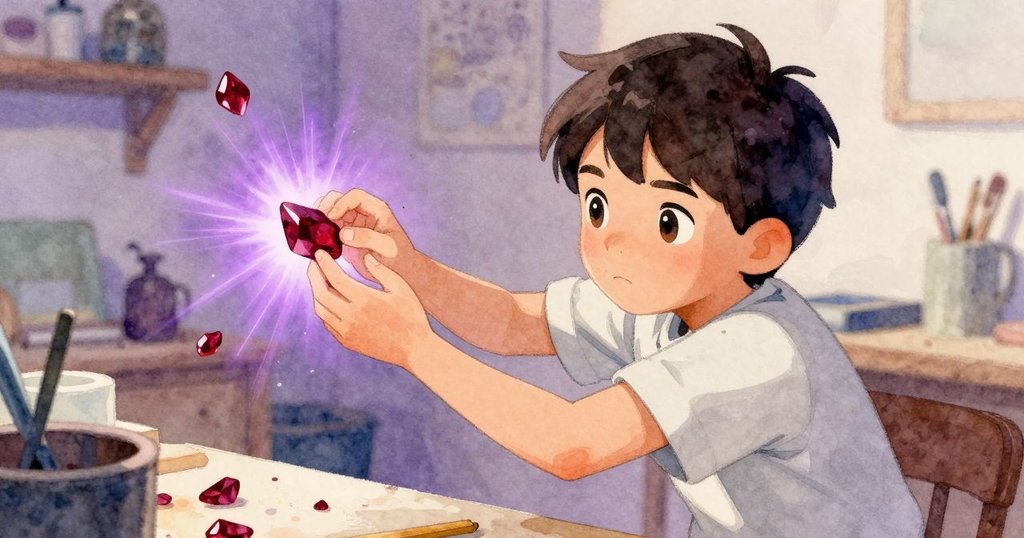 男士動作靈敏輕推紅寶石，激發紫光流轉閃現，充滿動態能量，展示創作瞬間