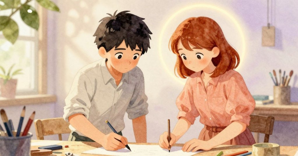 男女主角在工作桌前並肩而立，柔和塵光環繞空白區，彼此凝視成果，流露出默契與反思