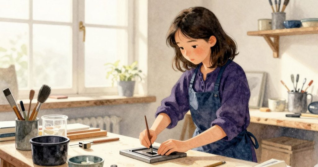 法拉在明亮工作室裡準備印刷工具，陽光透過窗戶灑進來，她專注且充滿期待，環境溫馨舒適