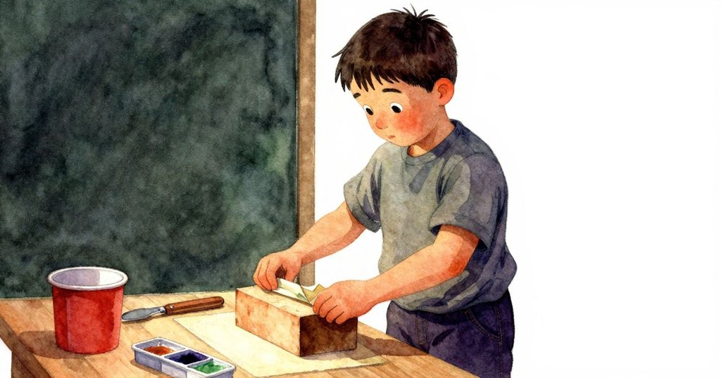 文頓在工作台旁認真拆開包裝中的櫻木塊，細緻紋理與木屑背景襯托出他專注的神情