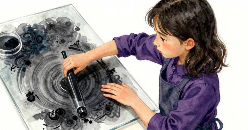 從上方俯視法拉操作印刷工具，她用手熟練滾動墨水，桌上散落著紙張與木屑，展現創作細節