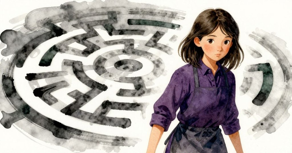 法拉調整刷子角度，墨水聚成迷宮般抽象圖案，畫面充滿神秘且充滿動感的創作瞬間