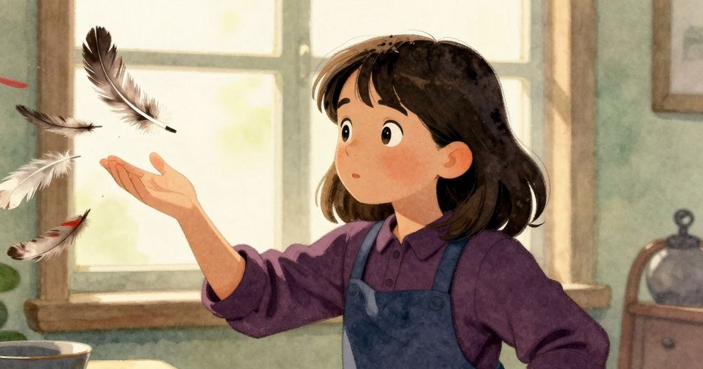 法拉注視一根隼羽緩緩飄落，動態模糊中表現出她驚喜的神情，窗外光線柔和灑入室內