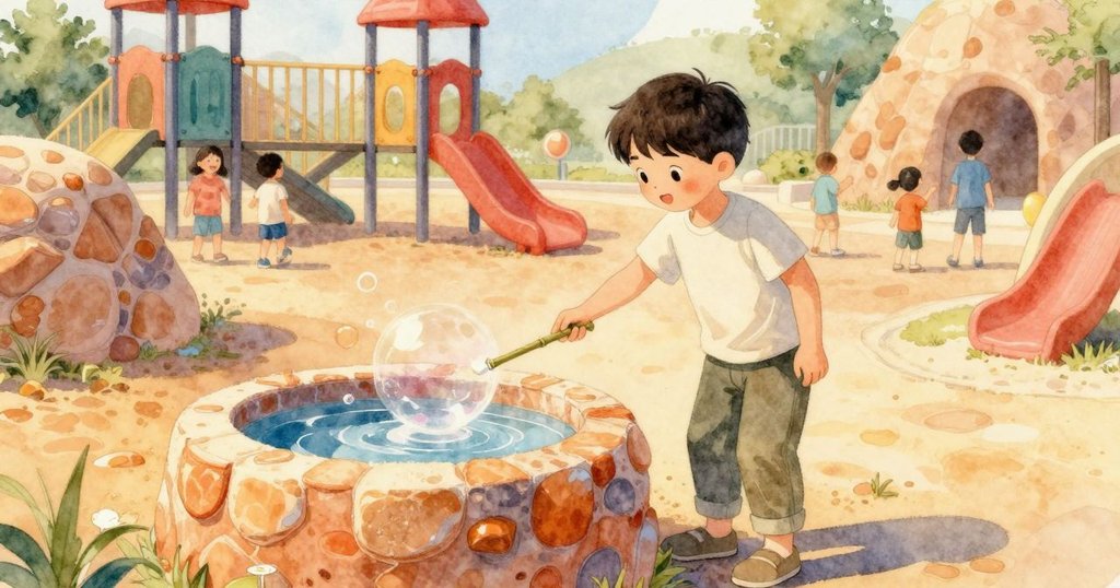 Reese在戶外遊樂場使用竹棒吹泡泡，背景有工作人員和孩子忙碌，陽光明媚，充滿活力。