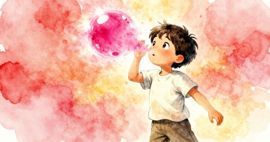 小生物視角觀察一個品紅色泡泡迅速閃現並破裂，涼爽細霧飄向Reese臉龐，充滿驚奇與動感。