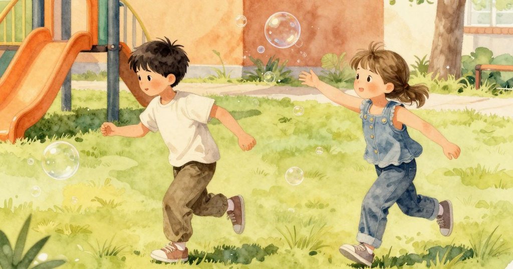 炎熱夏日中，孩子們在綠色草地上追逐柔色泡泡，陽光燦爛，場面充滿活力與歡樂。