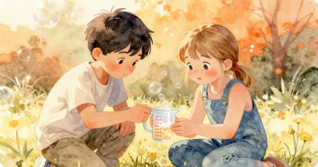 Reese正彎腰測量泡泡液，Poppy在旁觀察，兩人表情專注且充滿好奇，戶外情景和諧溫馨。