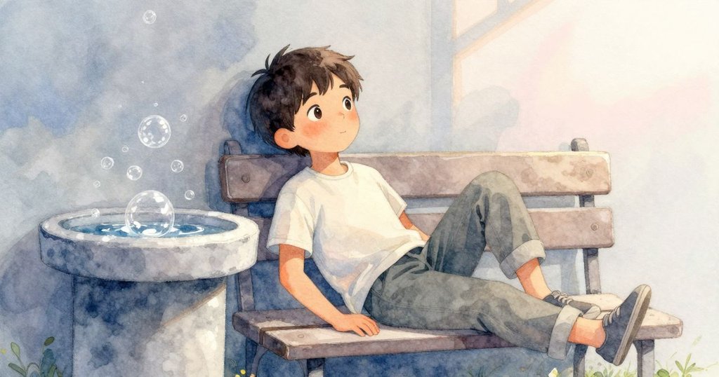 Reese於陰涼處安坐休憩，背景泡泡微光閃爍，他臉上帶著平靜反思，室外場景柔和寧靜。