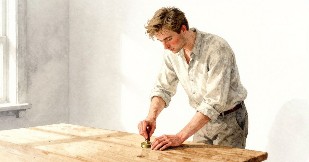 主角正在木桌前按壓黃銅印章，窗外鳥影掠過，室內光影交錯，情感專注且充滿期待