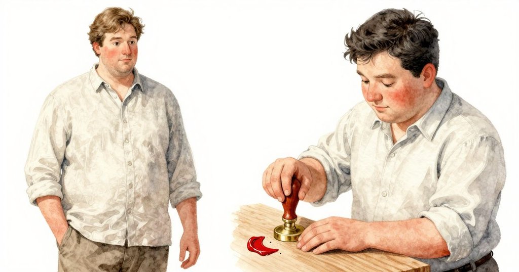 主角輕柔摩擦印章，細小裂痕及蠟痕在燈光下清晰顯現，細節充滿詩意與溫暖感