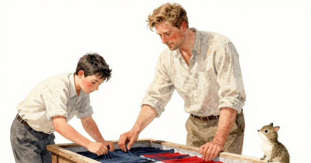 另一角色在靛藍染缸邊撥弄線頭，主角側觀表情專注，動態場景展現秩序與偶然之間的微妙舞動