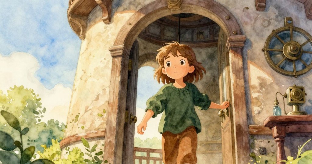 Poppy跨入塔樓房間，清晨金色光線灑落，面帶堅定表情，背景有古老齒輪與石牆