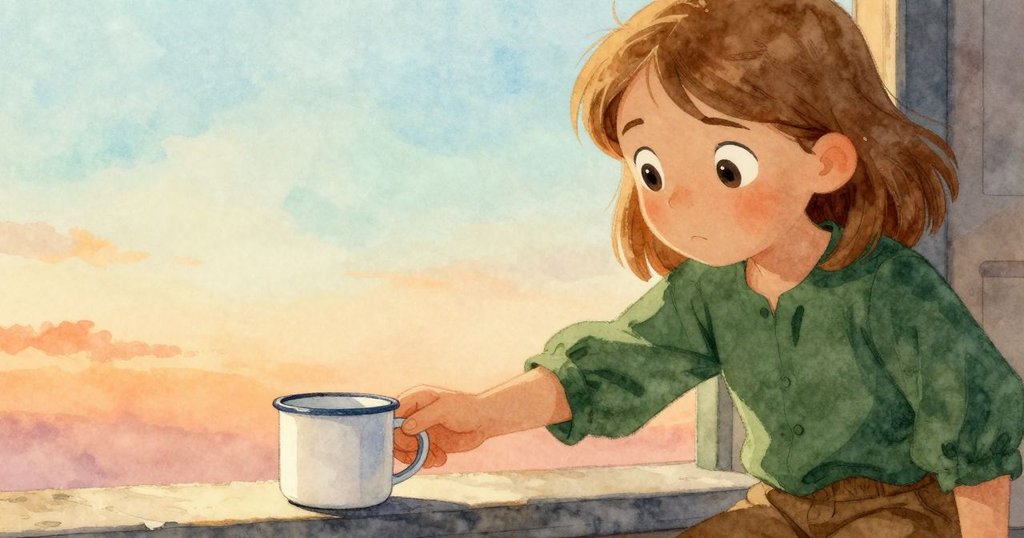 Poppy正伸手取軟布清理古色瓷杯，杯上殘留一滴昨茶，光影微妙，情感專注