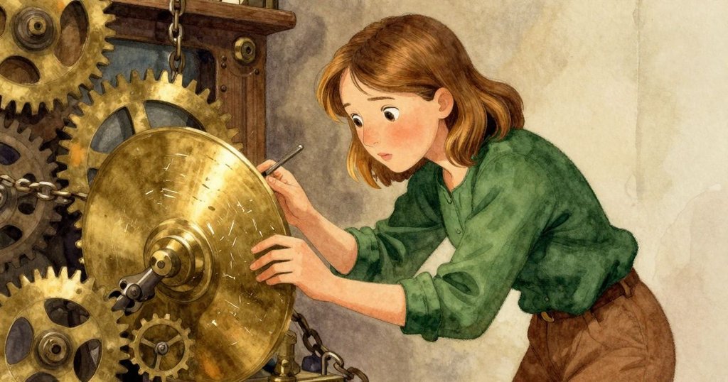 Poppy仔細檢查銅板上細微劃痕，背景齒輪鏈條層次分明，光影強調細節，情感專注