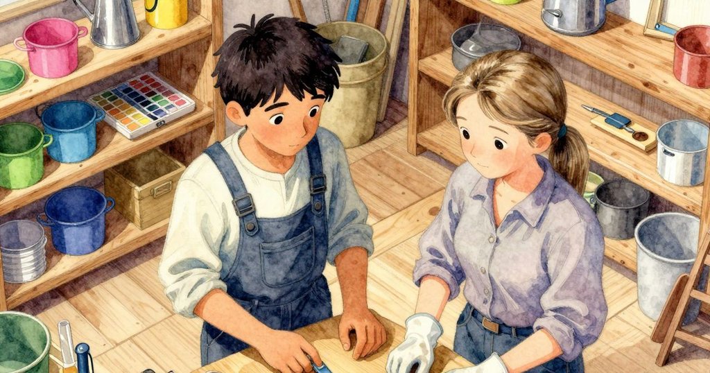 Birch在工作室內凝視，環境中北光灑落，Bea忙碌背景中，呈現溫暖木質工坊。