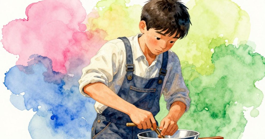 Birch調整姿勢、暫停筆觸時展現專注神情，動作中流露出堅定與溫暖的工藝精神。