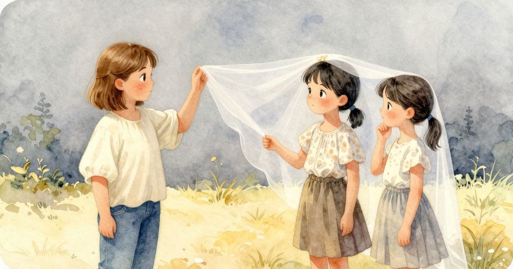 女孩們在草地上完成蜂巢框對接，柔紗緩落帶來靜謐氛圍，場景呈現沉靜卻意味深長的延續感