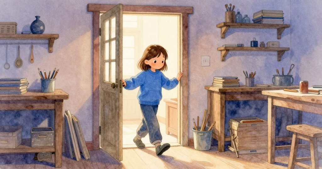 Britt 進入工作室，輕推木門，走入溫暖光線中，表情專注，夜冷與室內暖光形成對比