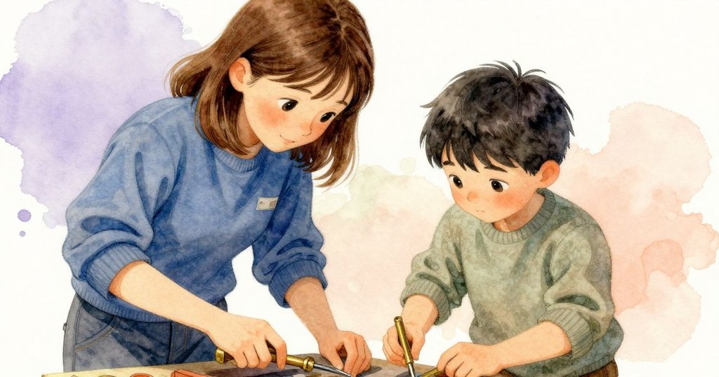 Britt 的手靠近銅柱與梳子，工具在燈光下閃爍，工作台細節豐富，展現精緻工藝