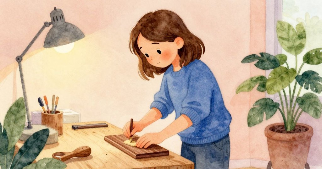 Britt 輕柔打磨核桃蓋，專注完成手工工藝，工作台上工具和光影層次豐富，動作細膩