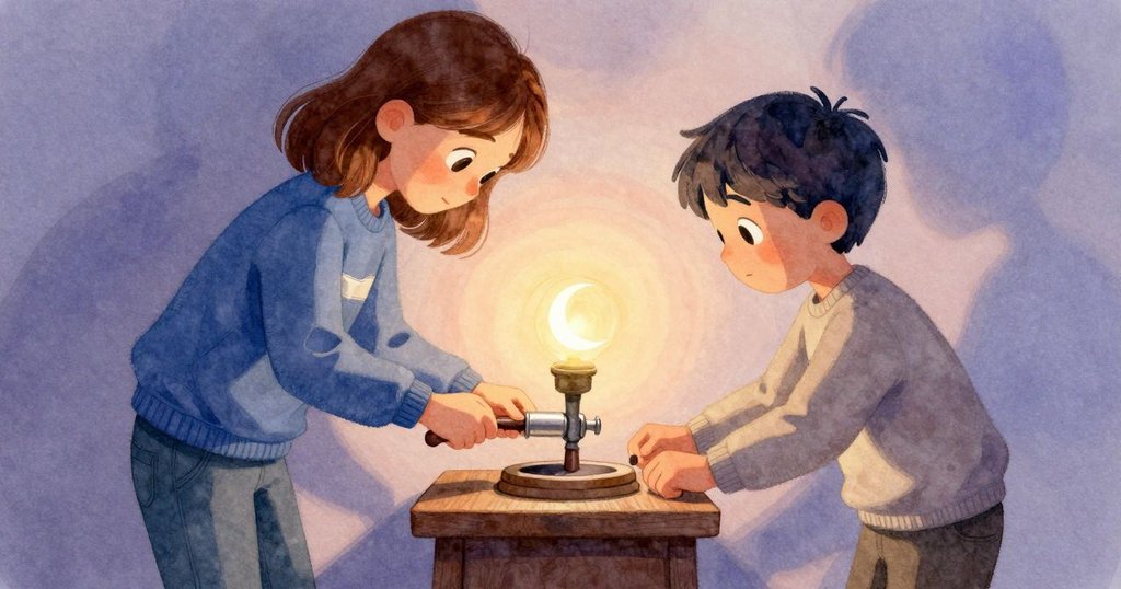 Britt 正專心旋轉銅柱並刻畫新月標記，背景中 Hugo 溫柔微笑旁觀，燈光戲劇性投射出對比陰影