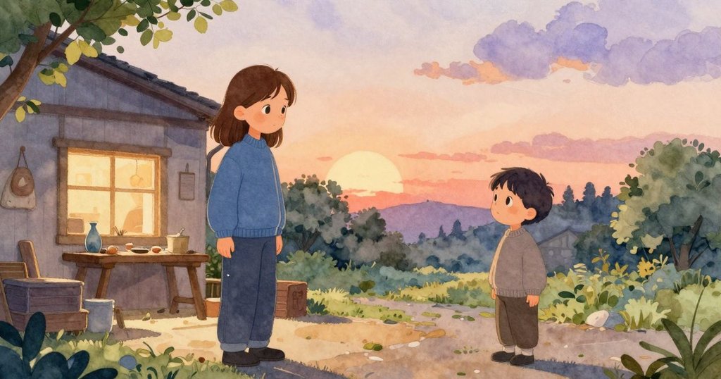 Britt 與 Hugo 在夕陽下的工作室外共享靜謐時刻，金色光芒映照著冬日時光，氛圍平和滿足