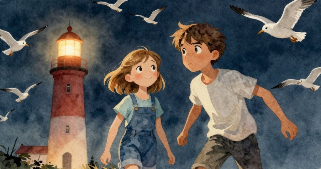 Blair 與 Zelma 在燈塔頂部與海鷗群中互動,環境溫暖明亮,表情堅定,展現冒險故事開始的場景。